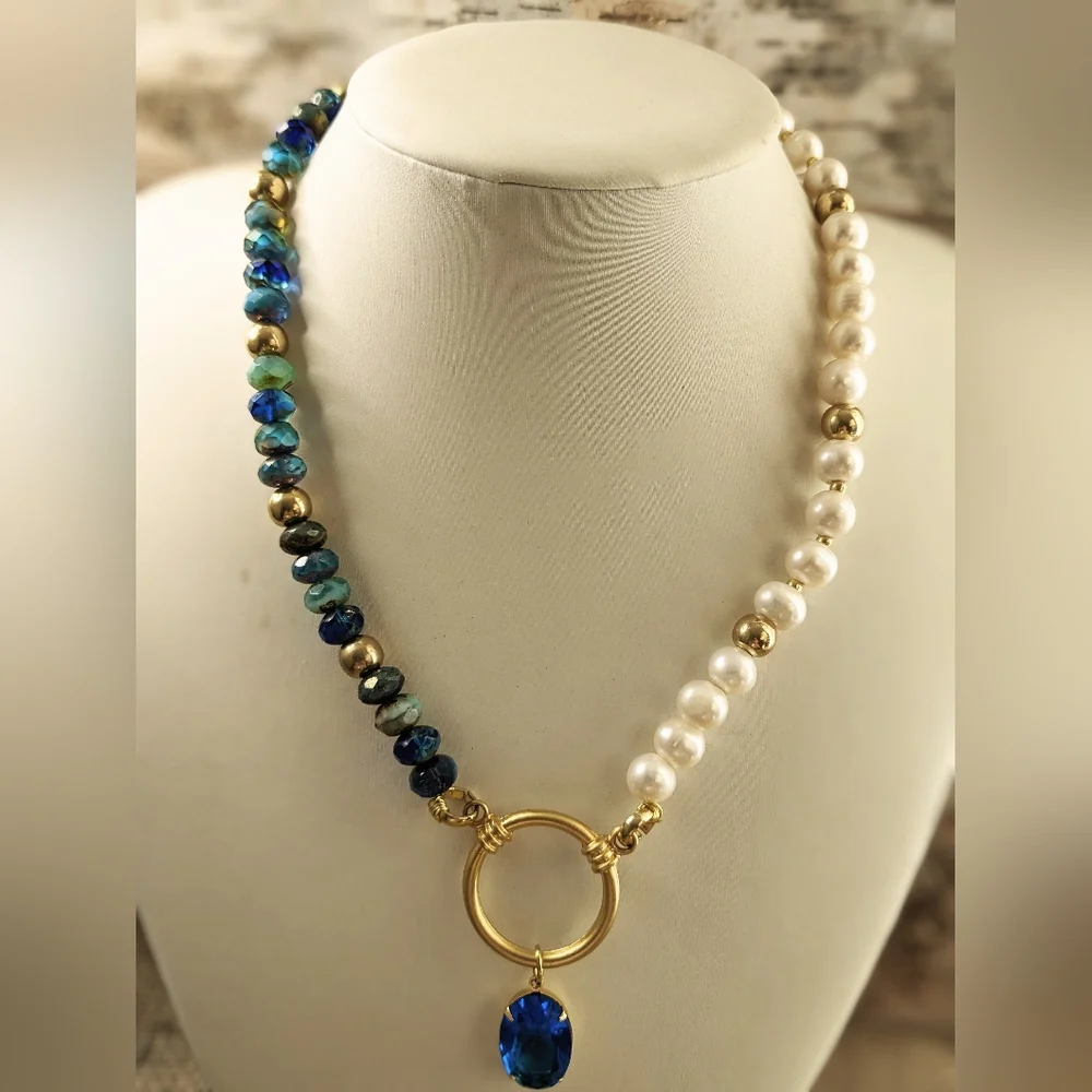 Blue Glass & Crystal Beads & White Freshwater Pearls In Assymetrical Necklace